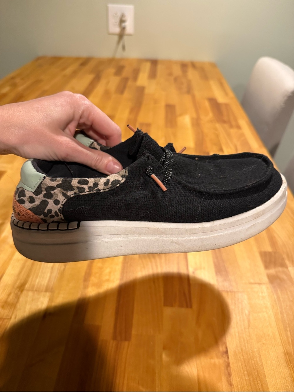 Hey Dude Black Canvas Slip-On Sneakers with Leopard Accent and Mint Heel - Picture 2 of 4